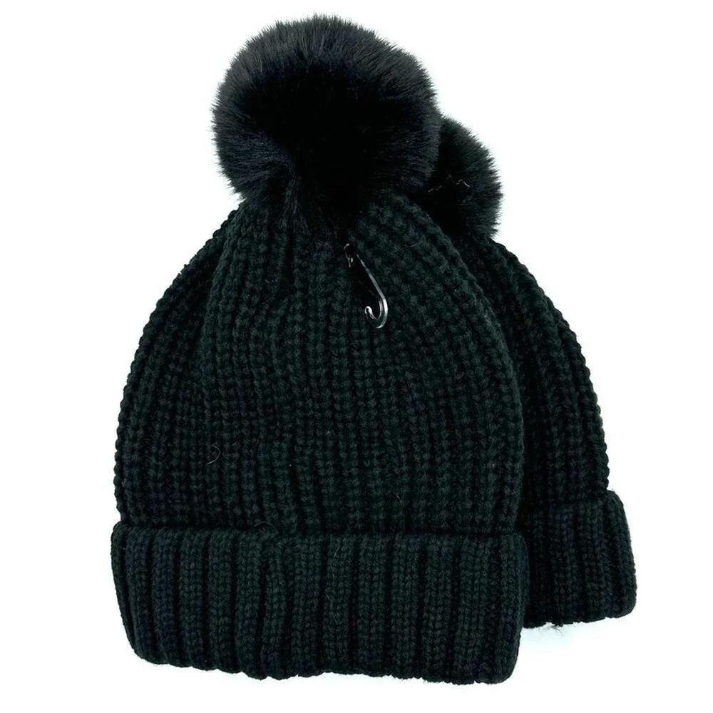 Simply Southern Mommy & Me Black Cable Knit Beanie Set Pom Pom NWT